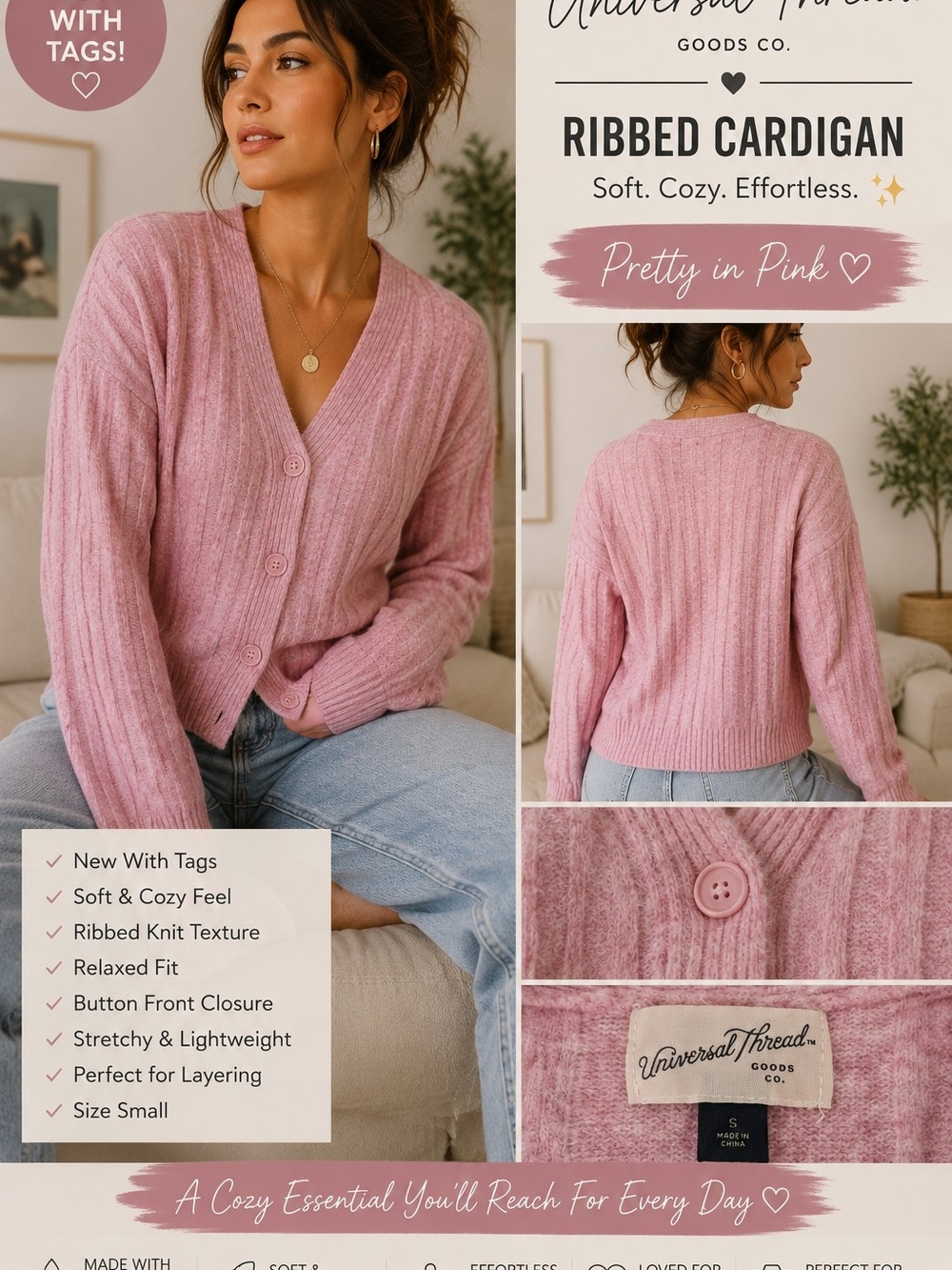 🌸 Universal Thread Pink Ribbed Cardigan Sweater – Size Small – NWT 🌸